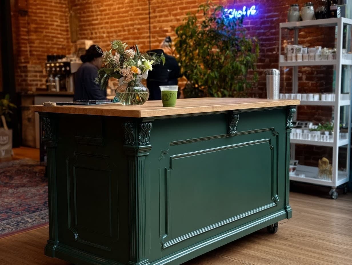 Office Matcha green island-style cart with matcha latte